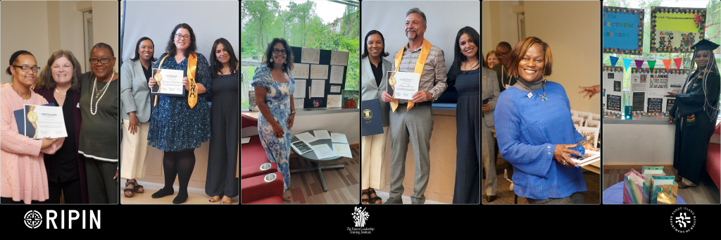 A photo collage with six pictures of the RIPIN Parent Leadership Training Institute (PLTI). Photos are of graduates of the PLTI program.