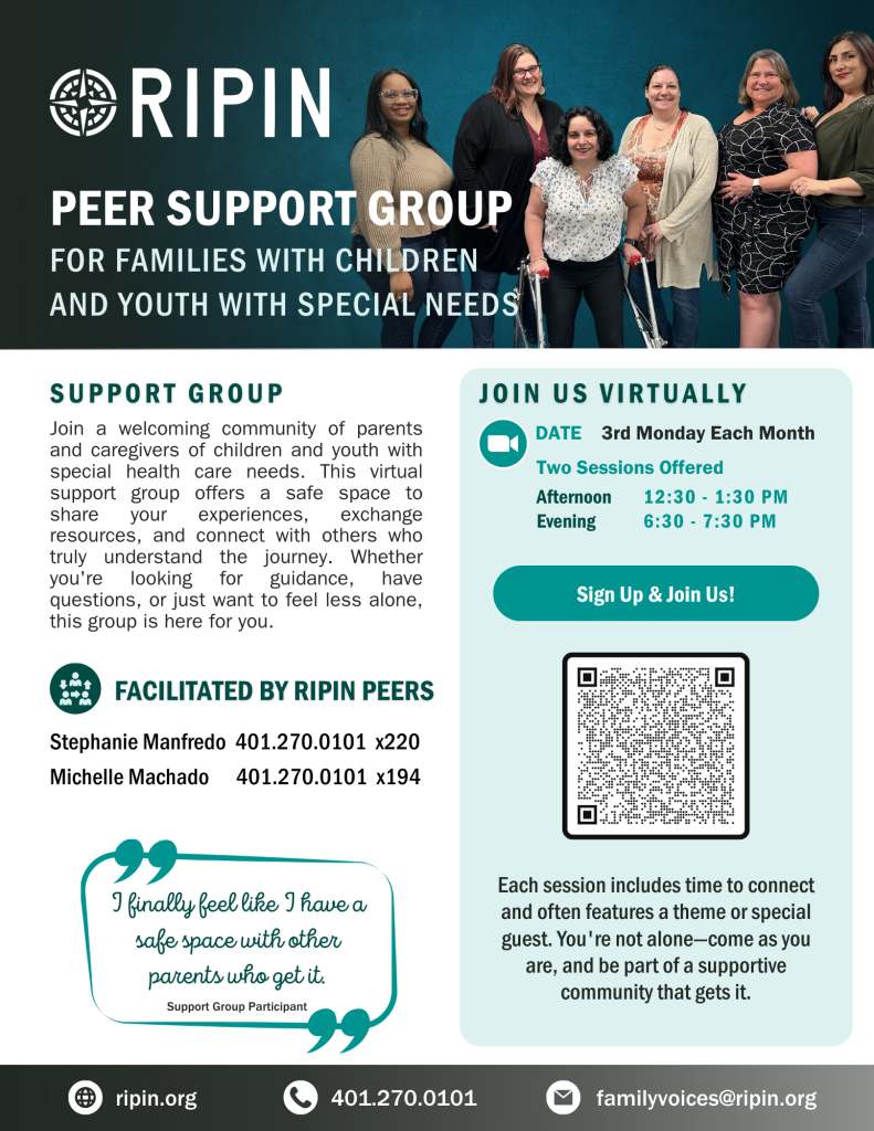 Image of RIPIN support group flyer which includes information about the Family Voices support groups. The flyer links to the support group page where people can find upcoming dates and links to register.